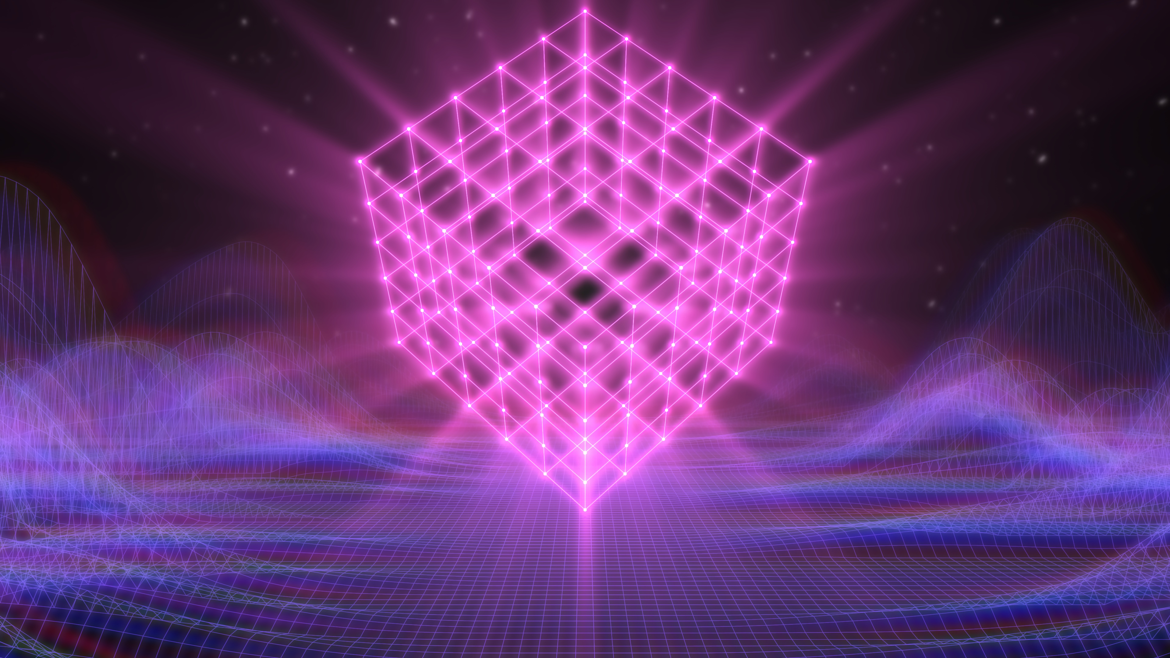 Retro Synthwave 3D Laser Wireframe Cube Rotating Over 80s Neon Grid - Abstract Background Texture